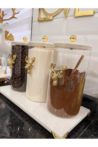 Sümeyra Marble Art DEER - Glass Jar with Marble Lid| Jar Sugar Bowl| Glass Spice Rack with Marble Lid|