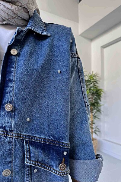 Ka Hijab Double Pocket Jewelled Denim Hijab Jacket - Blue