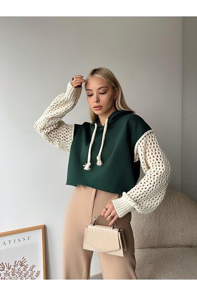 MAMAYAGA Women's Sleeves Knitted Knitwear Super Stylish Design Oversize Crop Boy Green Sweatshirt