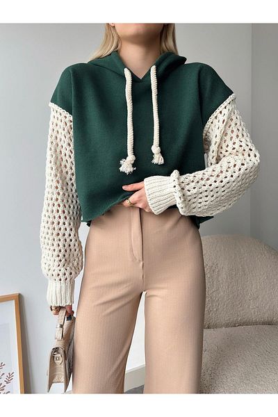 MAMAYAGA Women's Sleeves Knitted Knitwear Super Stylish Design Oversize Crop Boy Green Sweatshirt