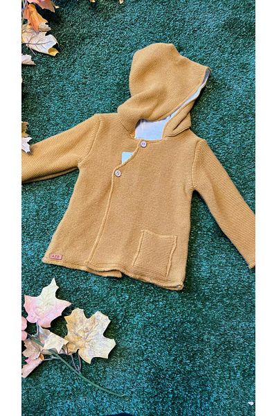 Aziz Bebe Knitwear Hooded Buttoned Cardigan Combed Cotton Inside