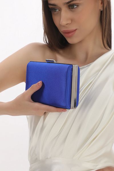 womenacs Rochie de seară din țesătură satinată de culoare albastru sax Geantă pentru femei pentru mână și curea lungă (curea cu lanț)
