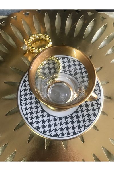 DECOSTYLE 12 Piece Gold-Black Tea Set with Crow's Feet Pattern and Handles