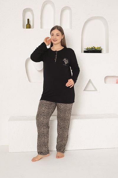 KAPİTEX Long Sleeve Seasonal Leopard Black Bamboo Pajama Set