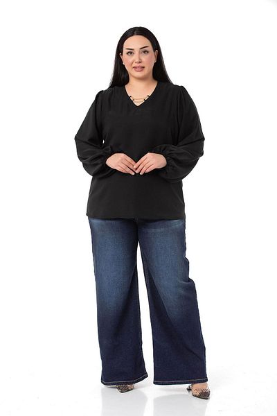 DISENTIS MODEST Plus Size Black Blouse with Chain Detail on Collar and Elastic Sleeves