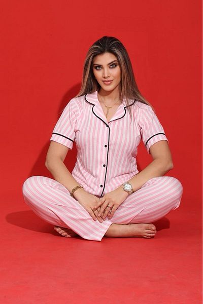 MEBA Victoria Pink White Striped Front Buttoned Short Sleeve Pajama Set