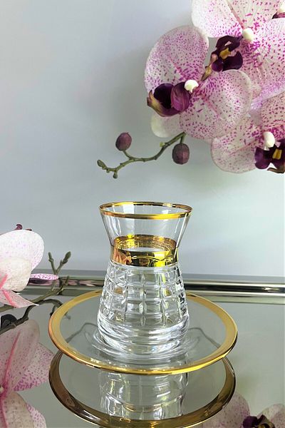 DECOSTYLE Irem Hand Cut Decorated 12 Piece Glass Tea Set Cup Set