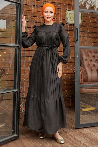 Bestenur Frilly Pleated Dress 777 - Black