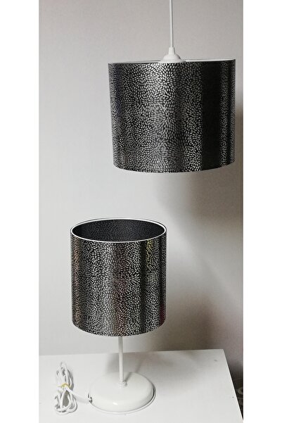 TEKAY AYDINLATMA Siyah avize abajur seti,beyaz metal ayaklı