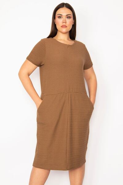 Şans Women's Large Size Brown Self-Striped Pocket Dress 65n29922