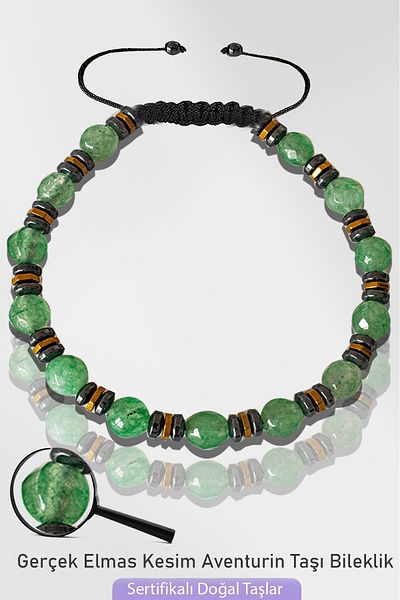 Tesbih Atölyesi Certified Silver Hematite 6mm Faceted Natural Aventurine Stone Bracelet - Adjustable