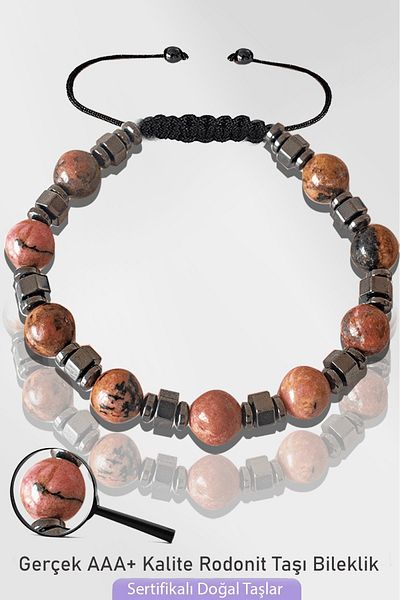 Tesbih Atölyesi Certified Silver Natural Rhodonite Stone Bracelet with Hematite - Adjustable