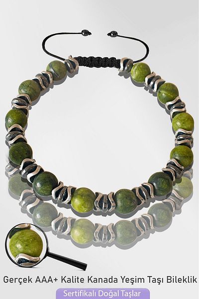 Tesbih Atölyesi Certified Silver Hematite 6mm Natural Canadian Jade Bracelet - Adjustable