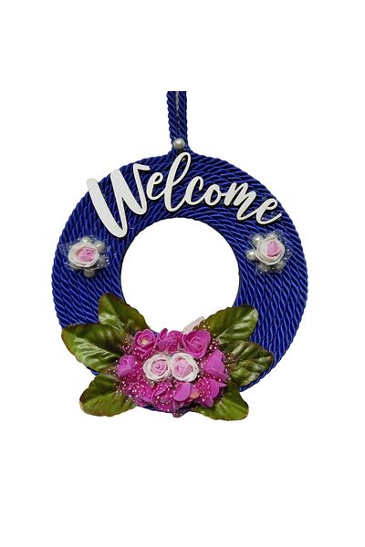 Mixperi Dark Blue Door Ornament with Pink Roses and Welcome Writing