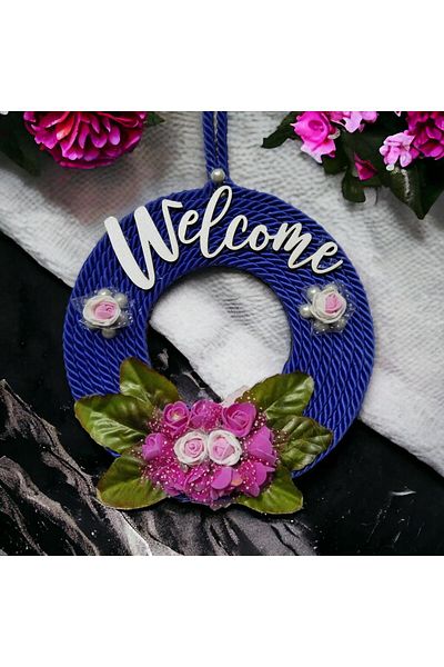 Mixperi Dark Blue Door Ornament with Pink Roses and Welcome Writing