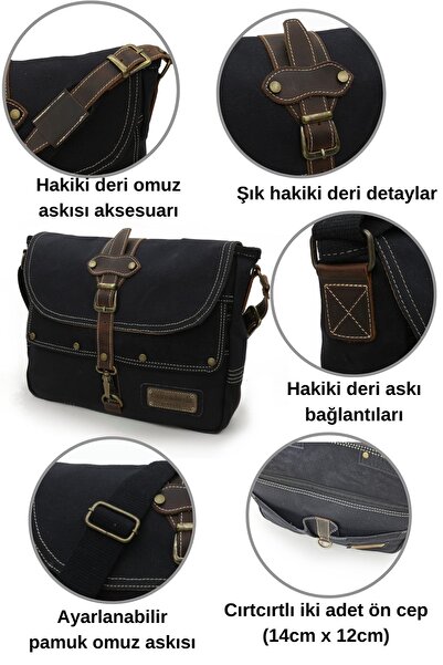 Cappadocia Vintage 4047 Antiochia GL Genuine Leather Black Shoulder Postman School Water Resistant Waxed Canvas Laptop Bag