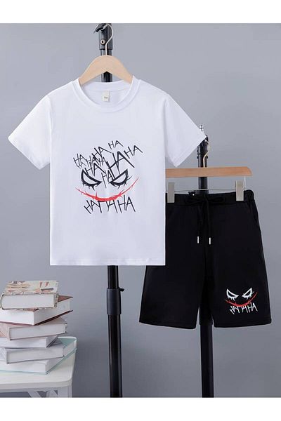 AMMA Children's White Ha Ha Printed Bottom Top T-Shirt Shorts Set