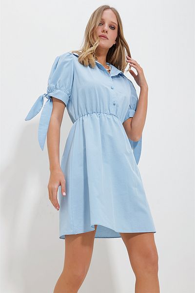 Trend Alaçatı Stili Women's Blue Shirt Collar Watermelon Sleeve Poplin Dress ALC-X11612