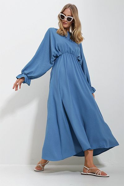 Trend Alaçatı Stili Indigoblaues Maxikleid aus Aerobin-Stoff mit Rundhalsausschnitt und Ballonärmeln für Damen ALC-X11627