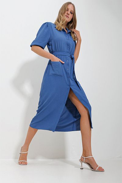 Trend Alaçatı Stili Women's Blue Double Pocket Watermelon Sleeve Aerobin Shirt Dress ALC-X11647