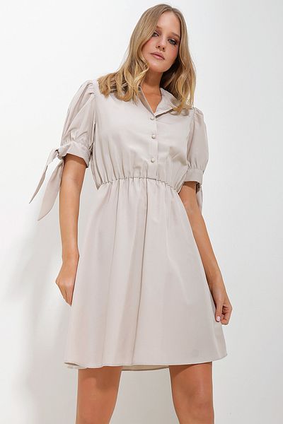 Trend Alaçatı Stili Women's Beige Shirt Collar Watermelon Sleeve Poplin Dress ALC-X11612
