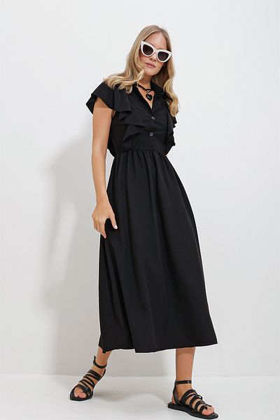 Trend Alaçatı Stili Women's Black Shirt Collar Half Placket Ruffle Detailed Hidden Zipper Midi Length Dress ALC-X11636