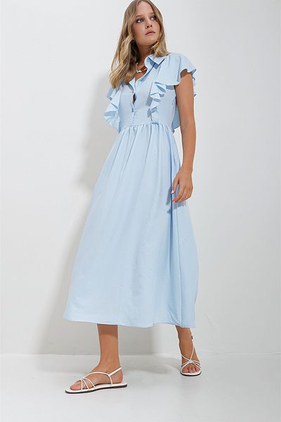 Trend Alaçatı Stili Women's Baby Blue Shirt Collar Half Placket Ruffle Detailed Hidden Zipper Midi Length Dress ALC-X11636