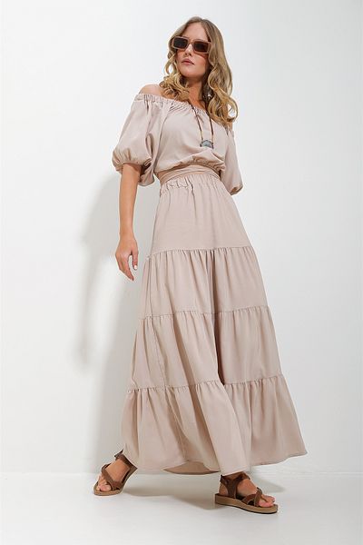 Trend Alaçatı Stili Women's Beige Madonna Collar Crop Blouse Gathered Lined Skirt Poplin Set ALC-X11649