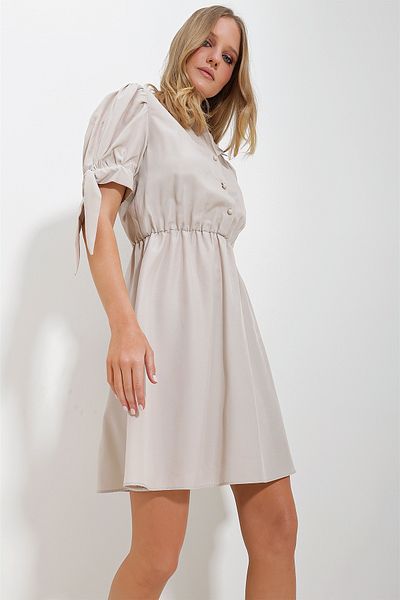 Trend Alaçatı Stili Women's Beige Shirt Collar Watermelon Sleeve Poplin Dress ALC-X11612
