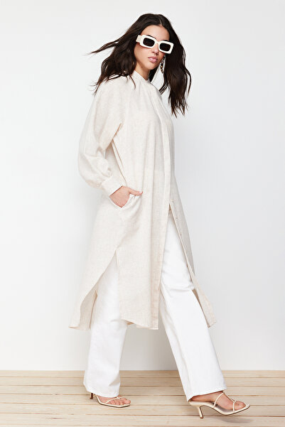 Trendyol Modest Dlouhá tkaná košile s pohodlným střihem z kamene TCTSS24TG00021