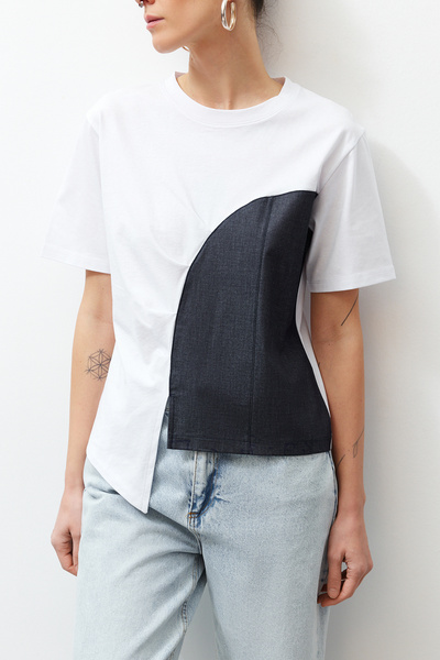 Edit by Trendyol Detailní pletené tričko z bílého denimu TEDSS24TS00002