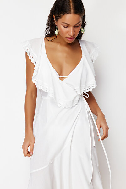 Trendyol Collection Svatební Ecru Maxi tkané vázané plážové šaty TBESS24EL00074