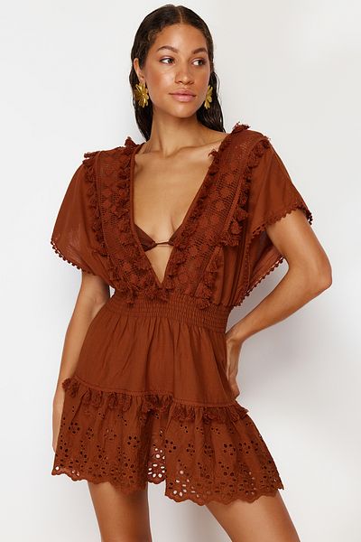 Trendyol Collection Καφέ Mini Woven Brode Λεπτομερές 100% βαμβακερό φόρεμα παραλίας TBESS21EL1248