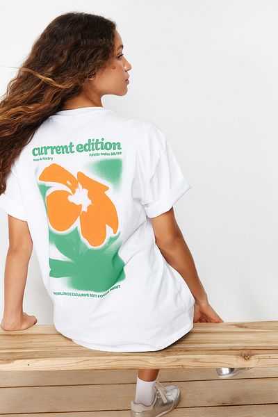 Trendyol Collection White 100% Cotton Back and Front Oversize/Wide Pattern Knitted T-Shirt TWOSS24TS00056