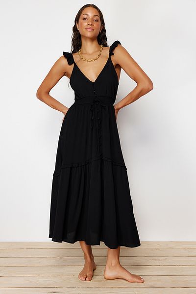Trendyol Collection Μαύρο Maxi Woven Ruffle Beach Dress TBESS24EL00092