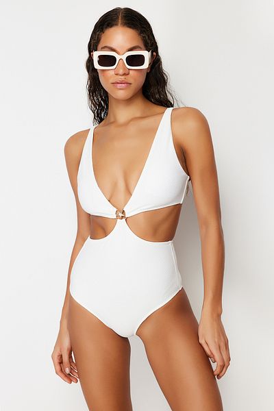 Trendyol Collection Ecru V-nyakú normál Mayokini Premium Star kiegészítőkkel TBESS24MY00011