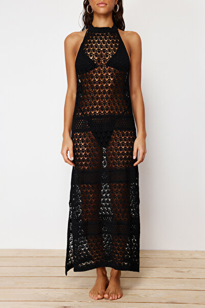 Trendyol Collection Černé maxi úpletové plážové šaty s bez zad - TBESS24EL00064