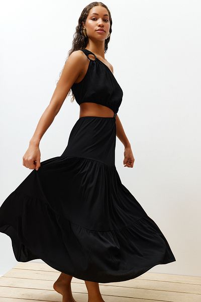 Trendyol Collection Μαύρο Maxi Woven Cut Out/Window One Shoulder Beach Dress TBESS24EL00010