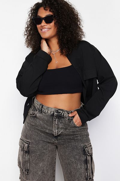 Trendyol Curve Black Padded Button Stand Collar Knitted Plus Size Jacket Tbbss24Ag00000