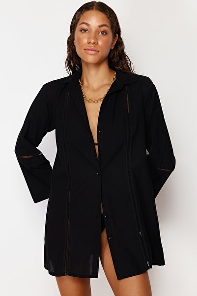 Trendyol Collection 100% Cotton Beach Shirt with Black Woven Stripe Accessories Tbess24Go00006