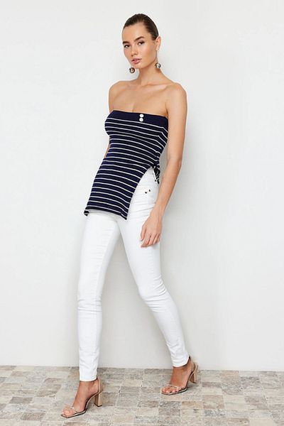 Trendyol Collection Μπλε Navy ριγέ στράπλες Premium νήμα/ειδικό νήμα πλεκτό μπλούζα TWOSS24BZ00139