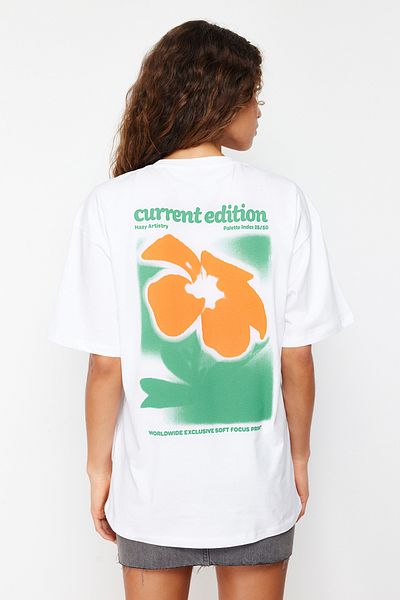 Trendyol Collection White 100% Cotton Back and Front Oversize/Wide Pattern Knitted T-Shirt TWOSS24TS00056