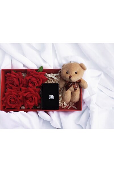 Atolye Ferda Gümüş Renkli Baget Yüzük ve Ayıcık Anahtarlı Solmayan Kırmızı Gü...