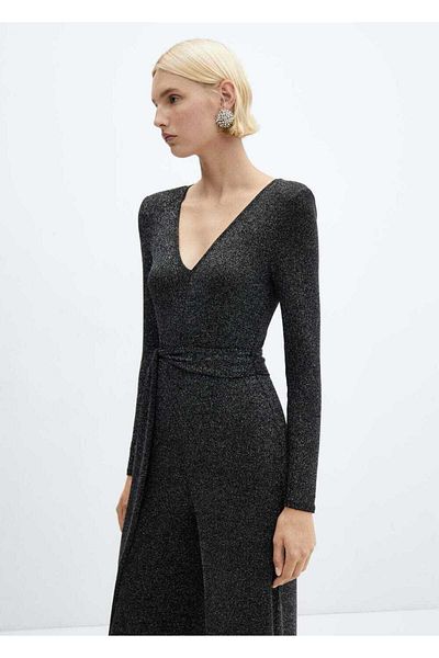 MANGO Woman Belted Glitter Jumpsuit
