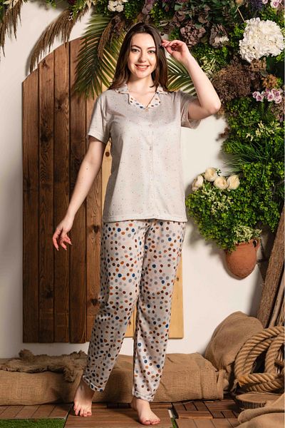 MEBA Women's Buttoned Front Polka Dot Short Sleeve Bamboo Pajama Set