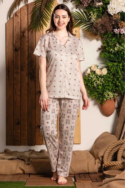 MEBA Women's Buttoned Front Cat Patterned Short Sleeve Bamboo Pajamas Set