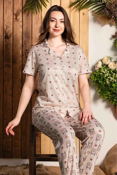MEBA Women's Buttoned Front Cat Patterned Short Sleeve Bamboo Pajamas Set