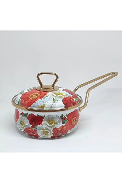 Avşar ENAMEL HOUSE 14 CM 900 ML RED FLOWER DECORED ENAMEL POT DRESSER