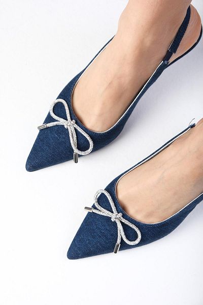 Mio Gusto Alexis Navy Blue Denim Fabric Open Back Stone Bow Women's Heeled Shoes