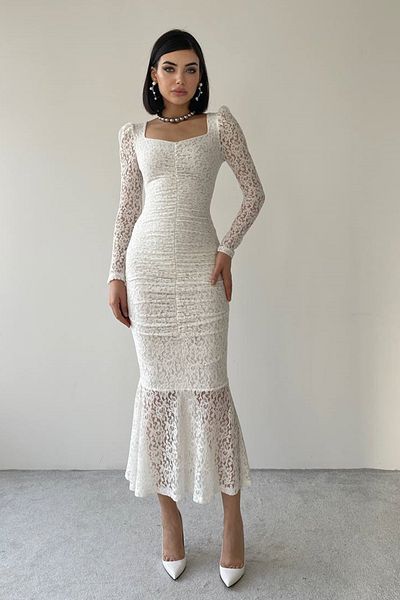 lovebox Damen-Abendkleid in Midilänge mit Spitzenstoff vorne und transparentem Design, weißes Kleid 215